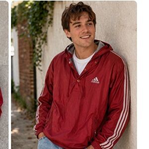 Vintage adidas Y2K Men’s Red Hooded Tracksuit Jacket with Gray Trim Size M